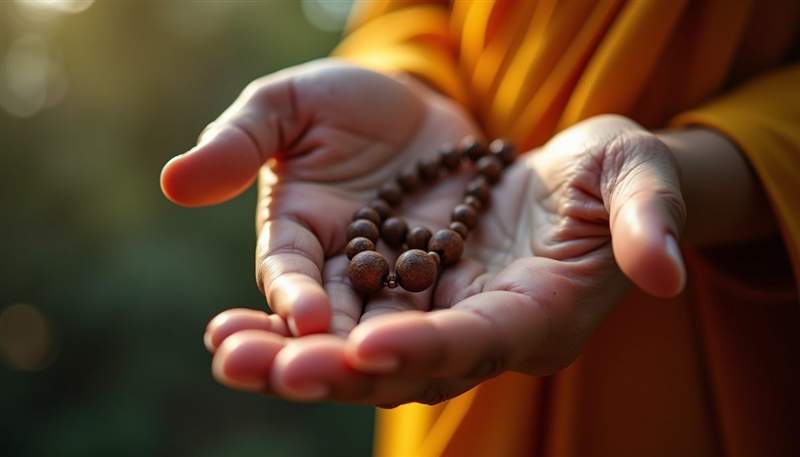 Close-up of a hand holding a prayer bead with soft light