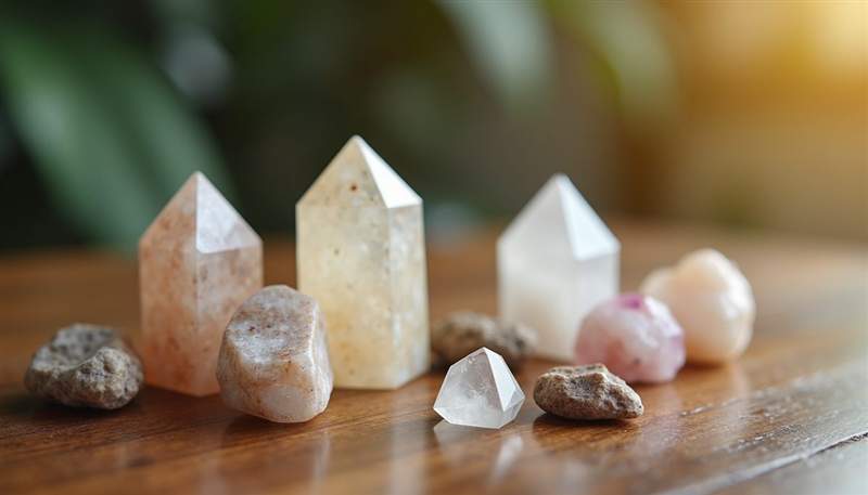 Close-up view of healing crystals arranged on a wooden surface