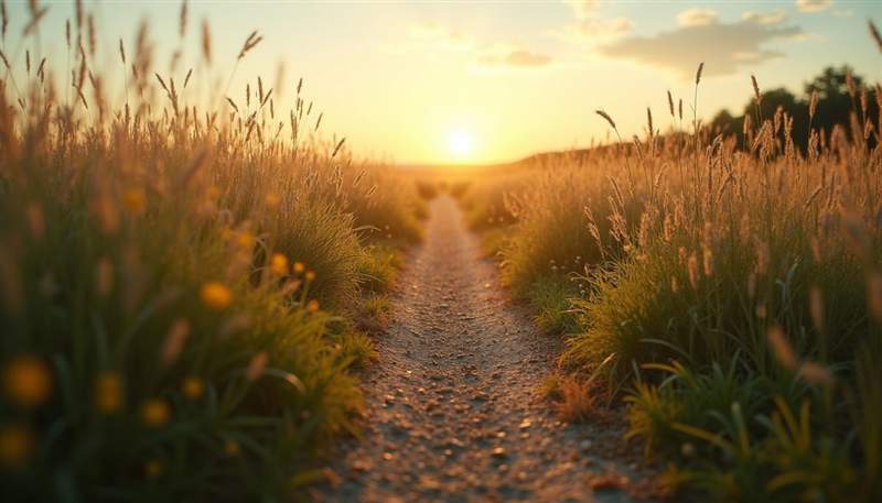 High angle view of a serene nature path leading into a bright horizon