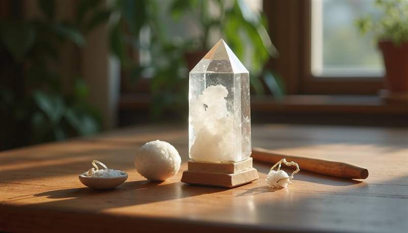 close-up view of a crystal and spiritual tools on a wooden table