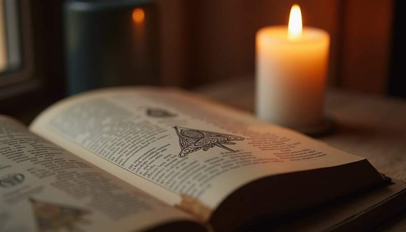 Close-up view of a book with spiritual symbols and a lit candle