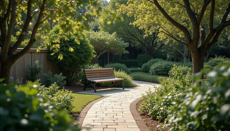 High angle view of a quiet garden with a single bench