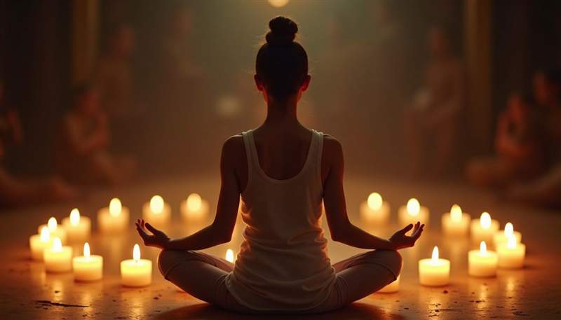 Close-up view of a person meditating with candles around